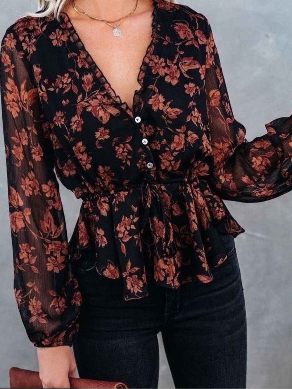 VICI Black Floral Tie-Front Peplum Blouse with Brown Floral Print